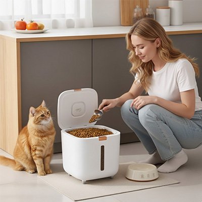 Boite à croquettes pour chat - Le couvercle s'ouvre facilement