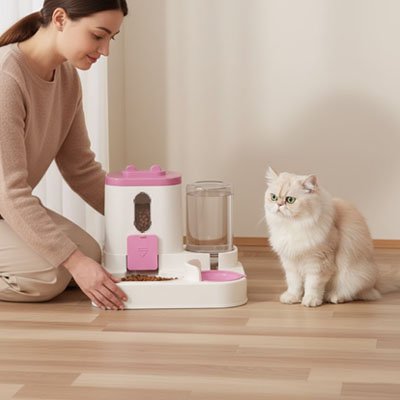 Distributeur croquettes chat - Votre chat accède à sa nourriture quand il veut. L'eau fraîche coule en continu
