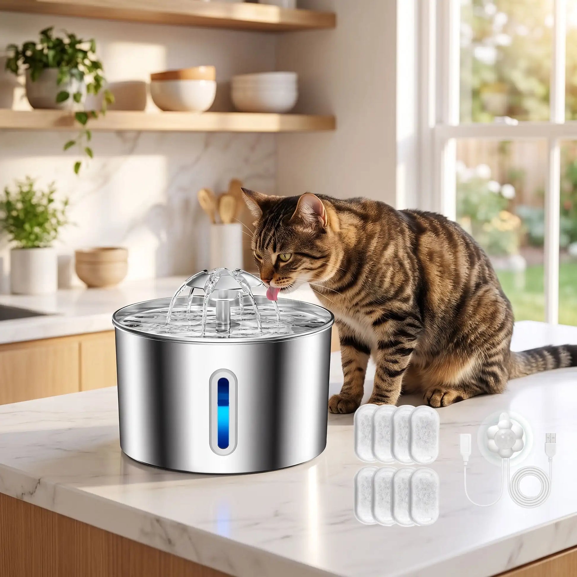 Fontaine à eau pour chat - Avec un capteur d'eau et 8 puces