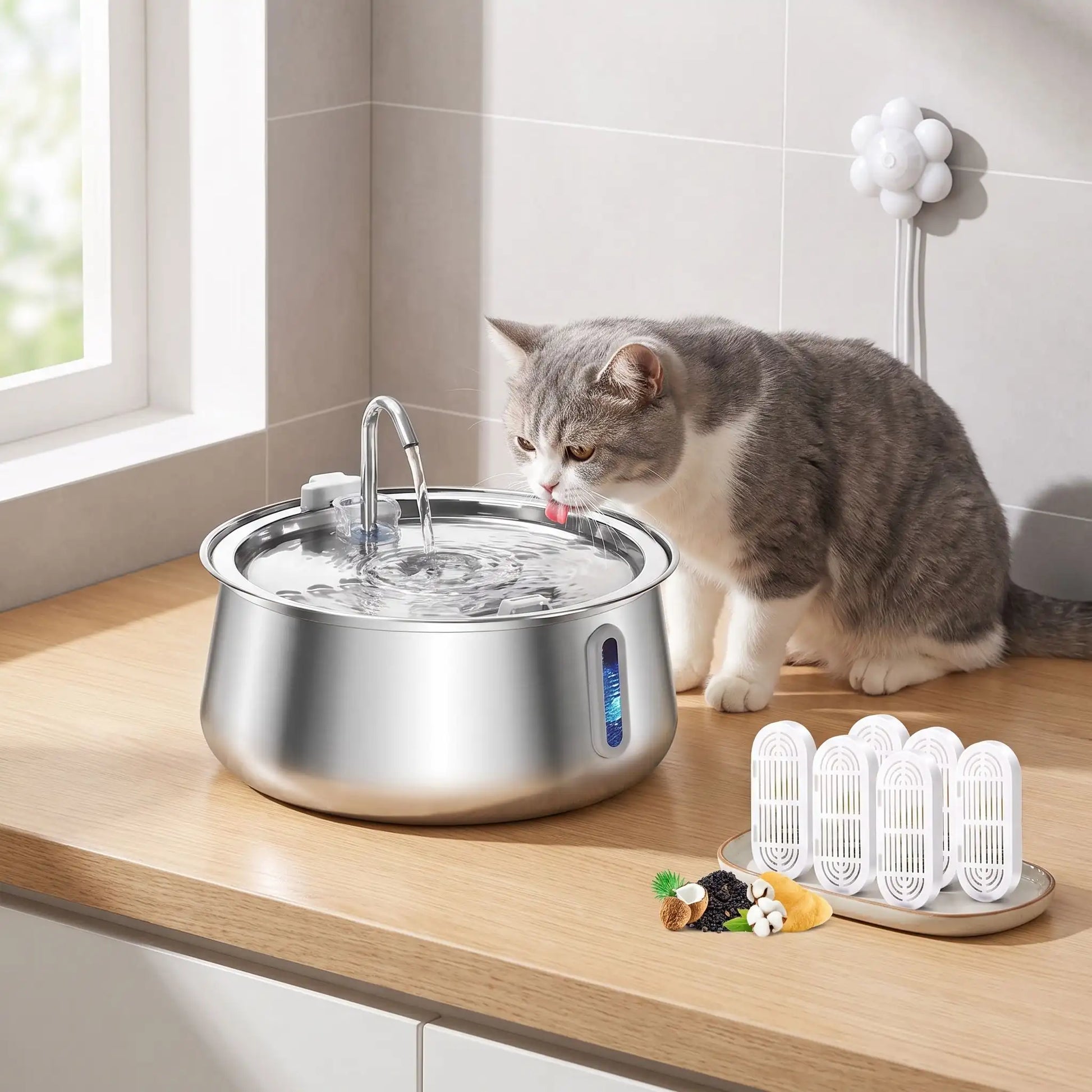Fontaine à eau pour chat - Avec un capteur d'eau et six filtres